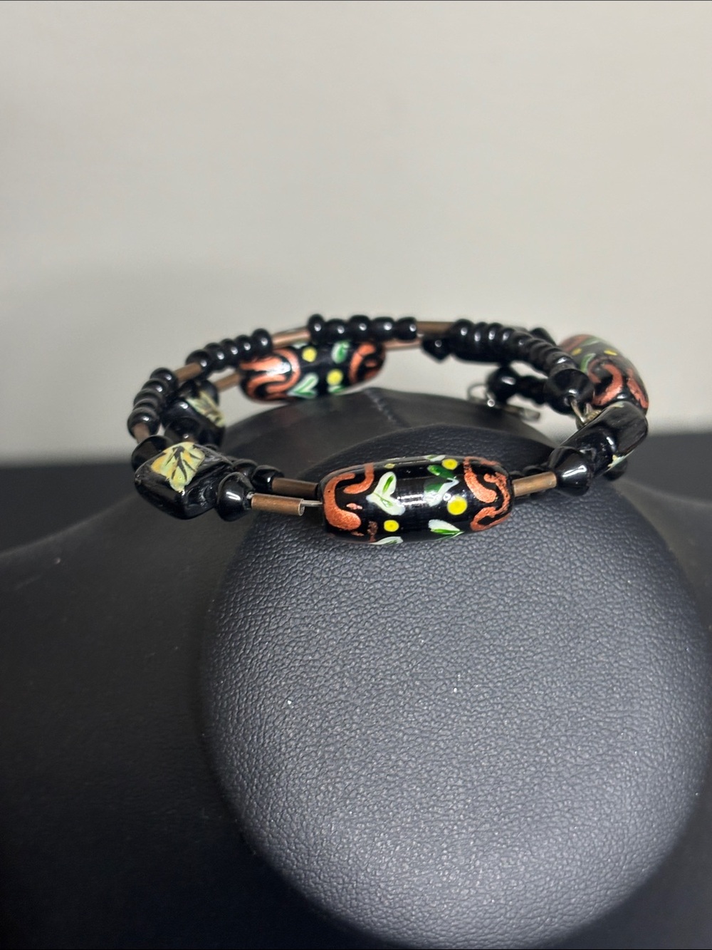 Hand-Painted Black Glass Bead Wire Wrap Bracelet Heart Charm Accents